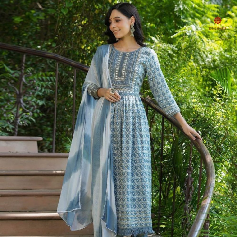 Sky Blue Printed Cotton Suit - Set of 3 - Picture 2 of 4